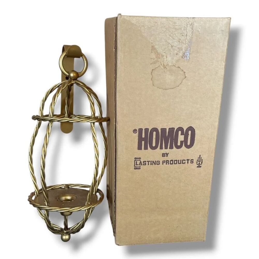 Vintage Homco Wall Sconce Gold Twisted Wire Cage Candle Holder - With Box